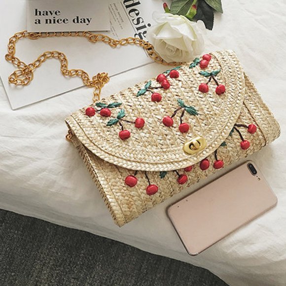 Handbags - Cherry Straw Cross Body Purse with Chain